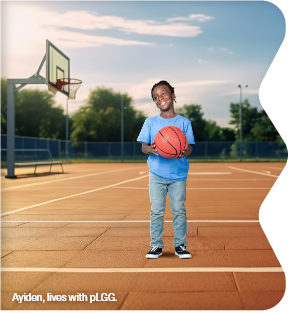 Ayiden, lives with pLGG, on basketball court