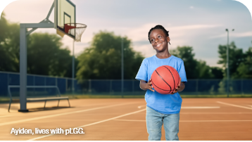 Ayiden, lives with pLGG, on basketball court